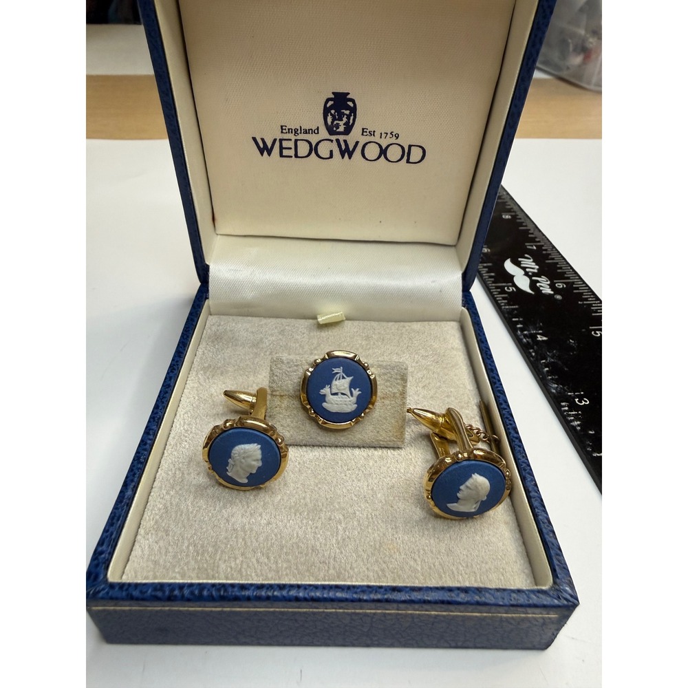 Wedgwood Blue Jasperware Cufflink and Tie Tack Set Gold Tone Ship Cameo England